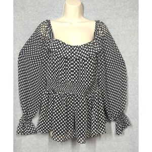Torrid 1  Ruffle Smocked Waist Top Bell Sleeve Polka Dot Blk/White Boho Chic